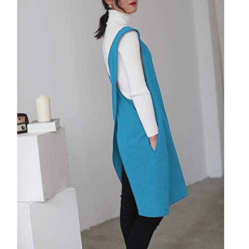 Soft Cotton Linen Apron Solid Color Halter Cross Bandage Aprons Japan Japanese Style X Shape Kitchen Cooking Clothes Gift for Women Chef Housewarming (Sky Blue)