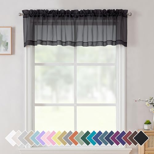 2 Panels Black Sheer Valance 14 Inch Length (40"W x 14"L (Pack of 2) / Black)