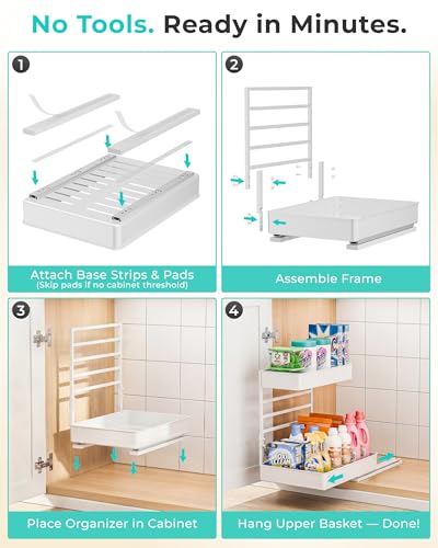 Metal Pull Out Slide Shelf Organizer for Framed or Frameless Under Sink CabinetsOrganization in Kitchen (1 Set / White)