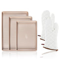 3 Pack Gold Nonstick Baking Sheet Pan Set with Oven Mitts Heat Resistant (Champagne Gold (Carbon Steel) + Mitts)