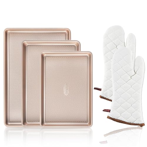 3 Pack Gold Nonstick Baking Sheet Pan Set with Oven Mitts Heat Resistant (Champagne Gold (Carbon Steel) + Mitts)