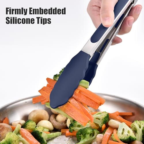 Kitchen Tongs with Silicone Tips for Cooking Serving (Set of 2 (9+12in) / Navy Blue)