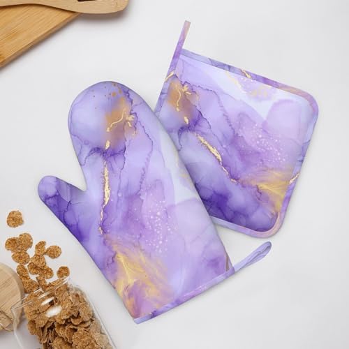 Oven Mitts and Pot Holders Pastel Purple Marble Silicone Kitchen Accessories Set of 4 Heat Resistant Long Gloves Potholder Non (A063213)