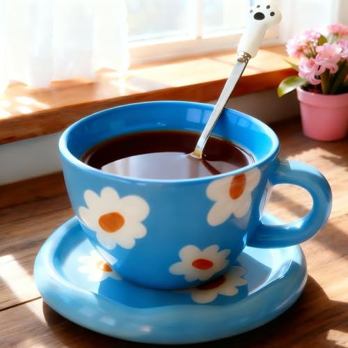 Coffee Mugs Set with Saucer Blue Flowers Cup Gifts for Women Birthday Tea Coffee Mug with Coaster 250 ML Ceramic Cup Birthday Gift for Women Girls Mom Friend Coffee Mug aucer Set (#A Blue Flowers Coffee Mug Set with Saucer)