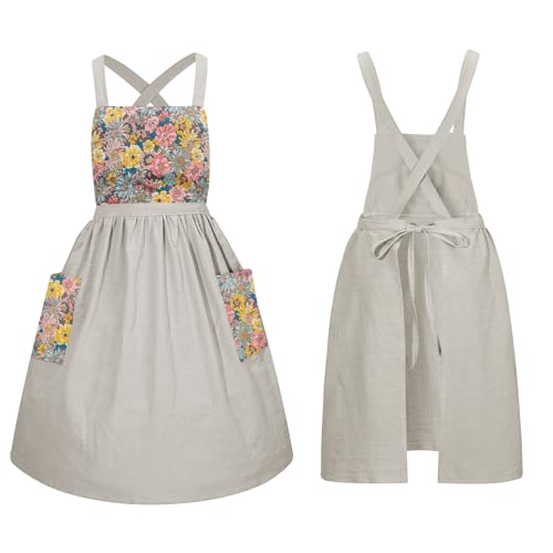 Vintage Ruffle Pinafore Chef Apron Dress with 2 Pockets for Women Girls (Floral Beige)