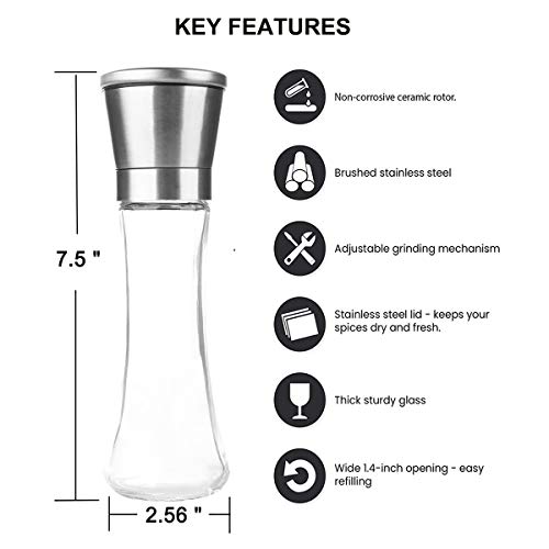 Salt and Pepper Grinder Set Refillable Adjustable Mill Shaker Tall (Tall Silver - 2 Pack)