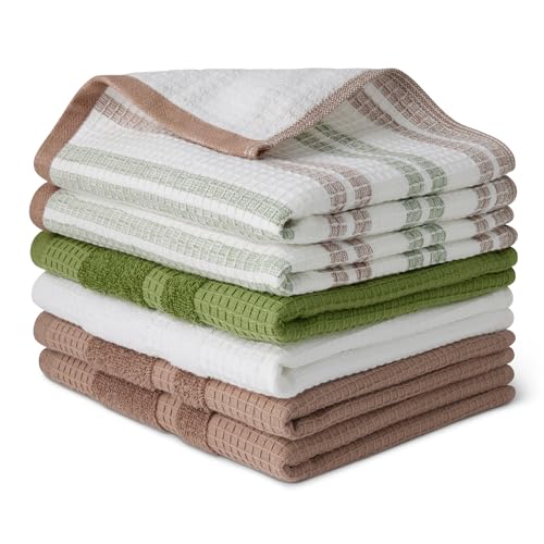 Organic Cotton Waffle Kitchen Dish Towels (2pc Olive Light/Brown Strip, 2pc Brown, 1pc Olive, 1pc White / 15 x 25 inches)