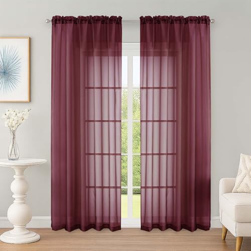 Burgundy Sheer Curtains 84 Inches Long 2 Panels Set for Living Room (Burgundy Wine / 59"W x 84"L (Pack of 2))