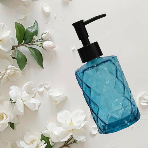 12Oz Blue Glass Soap Dispenser with Plastic Pump (Blue Diamond)