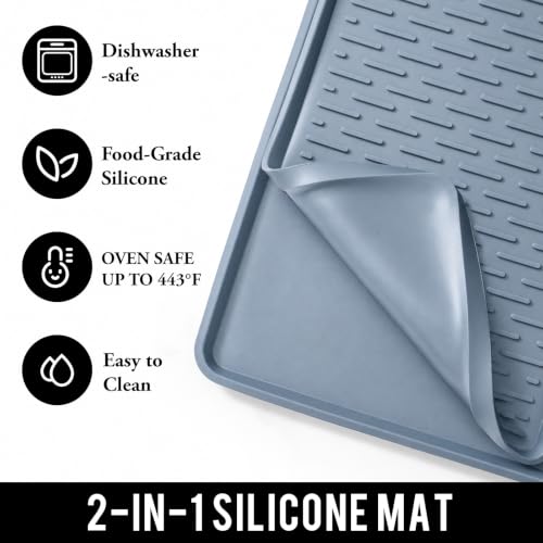 2 In 1 Silicone Coffee Bar Mat Accessories for espresso Machine with Detachable Dish Drying Mat Rack Stone Heat Resistant Kitchen Office Home Essentials Barista Items Women Birthday Gifts (Blue / 16" x 16")