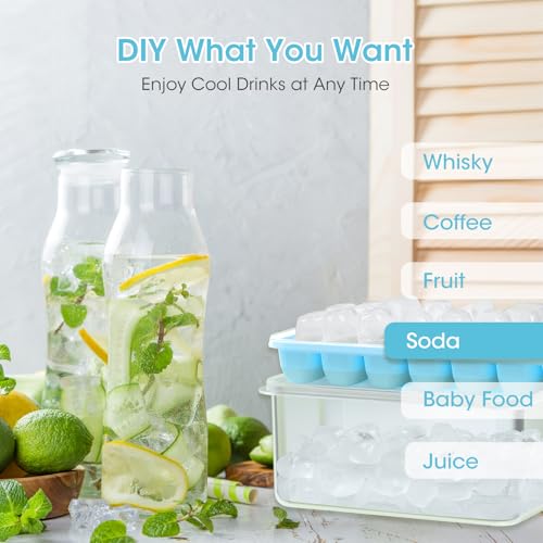 Ice Cube Tray with Lid and Bin (Lake Blue / 8.2*4.5*3.6'' - 4 Pack)
