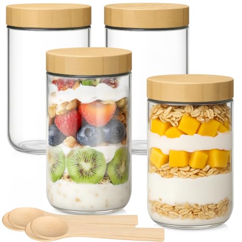4 Pack 24oz Overnight Oats Containers with Airtight Bamboo Lids (24oz Natural Lids 4 Spoon-4P)