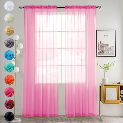 Solid Sheer Rod Pocket Curtain Voile Draperies 2 Panels White Beige Black Grey Ivory 60 Inch Width 96 Inch Long 1 Pair for Kitchen Bedroom Children Living Room Yard (Pink / 60"W x 96"L (Pack of 2))