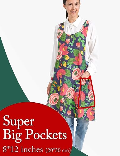 Cozy Adjustable Cross Back Aprons for Women with Pockets Cotton Linen Cooking Kitchen Baking Red Tulips (Red Tulips)