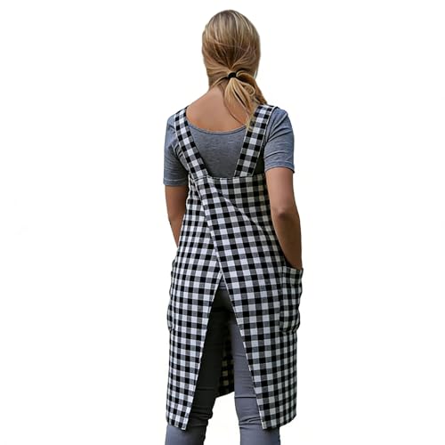 Women's Pinafore Square Apron Baking Cooking Gardening Works Cross Back Cotton (Small / Plaid-black)