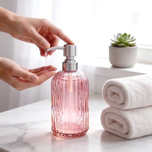 16 OZ Pink Glass Soap Dispenser Glass Soap Dispenser (Pink+brushed Nickel Pump / 1-Pack)