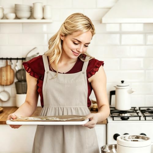 Vintage Apron for Women with Pockets Adjustable Straps for Kitchen (Beige)