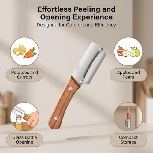 2 Pack Vegetable Peeler with Wooden Handle and Bottle Opener