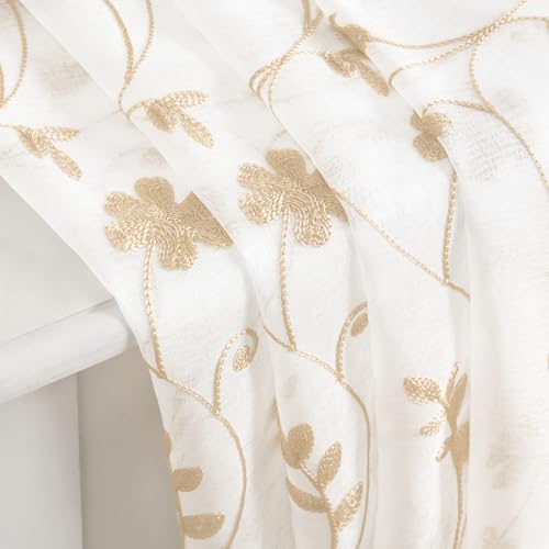Yellow Sheer Curtains 63 Inch Length 2 Panels Yellow and White Embroidered Floral Pattern Semi Sheer Window Curtains for Bedroom Living Room (52"W x 63"L (Pack of 2) / White & Yellow)
