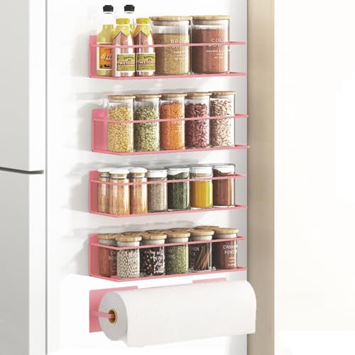 Magnetic Spice Rack For Refrigerator Magnetic Fridge Shelf For Kitchen Spice Organizer Magnetic Shelf For Fridge Space Saving Pink 4 Pack With Magnetic Paper Towel Holder (4 Pack / Pink)
