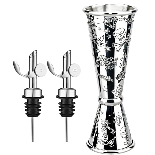 Jigger for Bartending (1 Jigger+ 2 Auto Flip Pourers / Printing Carving)
