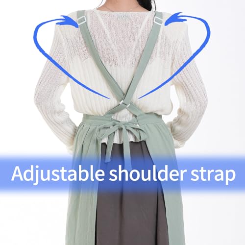 Cute Cotton Pinafore Aprons for Women with Pockets for Kitchen (Sage Green)