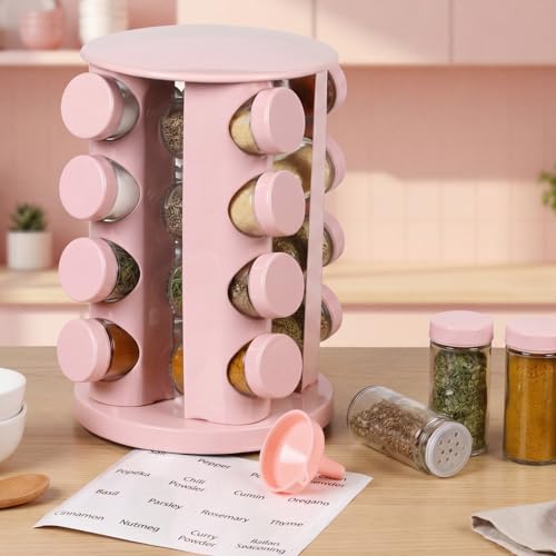 Pink Rotating Spice Rack with 16 Empty Jars and Labels (Pink)