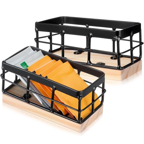 Sugar Packet Basket Iron Sugar Organizer with Wooden Base Small Caddy Iron Organizer Coffee Creamer Holder Tea Bag Caddy Holder for Coffee Bar Kitchen Home