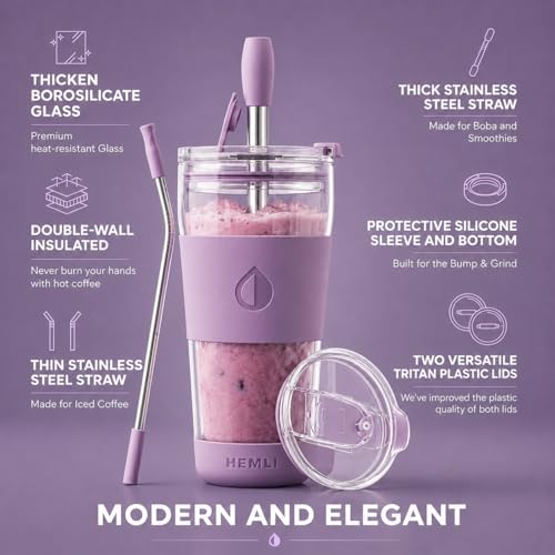 19 oz Clear Double Wall Borosilicate Glass Coffee Tumbler (Lavender)