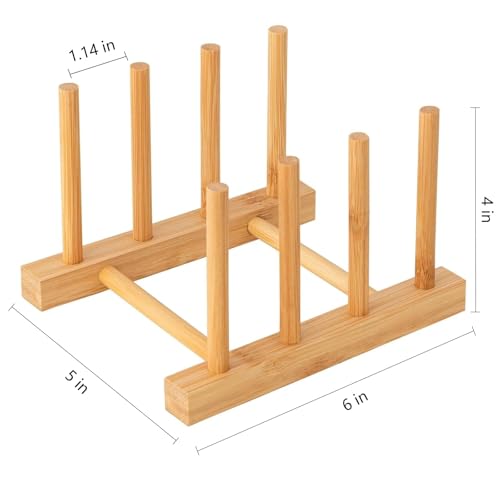 Bamboo Dish Plate Bowl Cup Book Pot Lid Cutting Board Drying Rack Stand Drainer Storage Holder Organizer Kitchen Cabinet（Keep Dry） (Bamboo 3 Slots 1pcs)