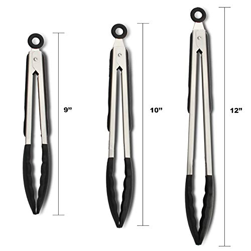 3 Pack Silicone Kitchen Tongs (Black)