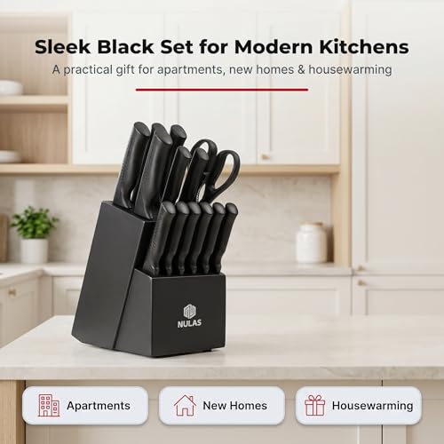 15 Piece Kitchen Knife Set with Block (Black)