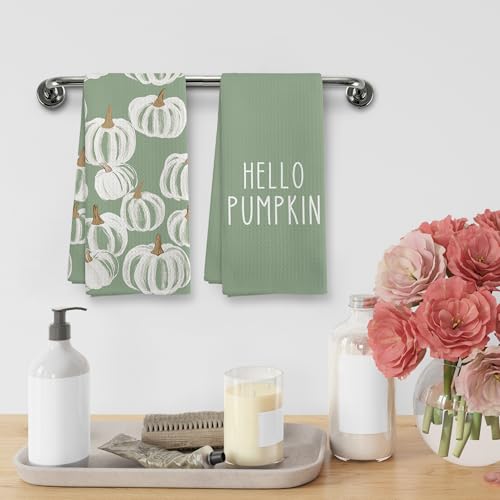 Fall Hello Pumpkin Farmhouse Kitchen Towels and Dishcloths Sets of 2 (Green Pumpkin)