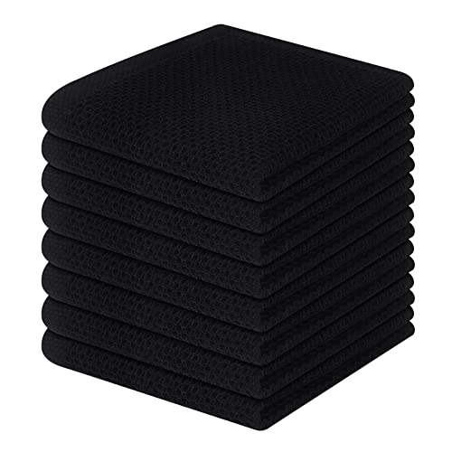 100% Cotton Waffle Weave Kitchen Dish Cloths 8 (Black / 12 X 12 - 8 Pack)