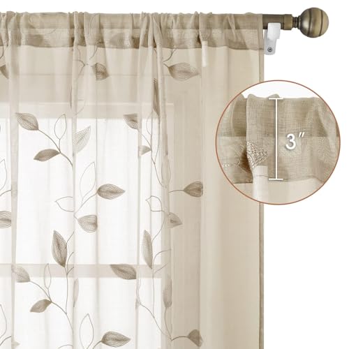 Taupe Kitchen Sheer Curtains Leaf Embroidered (52"W x 54"L (Pack of 2) / 2-taupe/Beige)