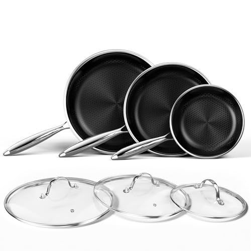 Nonstick Titanium Ceramics Stainless Steel Frying Pan Set (Titanium Ceramic Hybrid Stainless Steel / 8Inch+10Inch+12Inch)