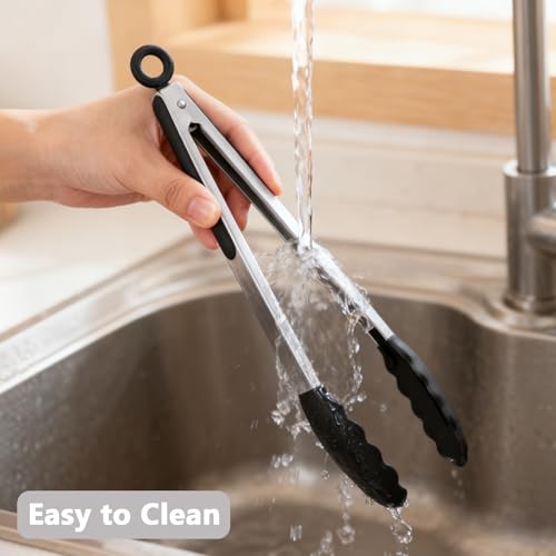 Kitchen Silicone Tongs for Cooking with Nonslip Silicone Tips (Black / 3Pcs, 7+9+12 Inch)