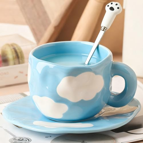 Coffee Mugs Set with Saucer Cute Cloud In The Sky Cup Gifts for Women for Birthday Tea Coffee Mug 250 ML Ceramic Cup Birthday Gift for Women Girls Mom Friend Coffee Mug aucer Set (#A Cloud In The Sky Coffee Mug Set with Saucer)