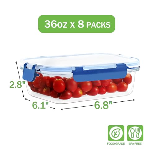 8 Pack 36oz Large Glass Meal Prep Containers with Leak Proof Snap (Deep Blue / 8 Pack 36oz)