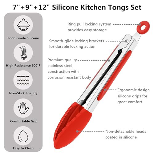 Kitchen Tongs for Cooking w Non (Red / 3Pcs, 7+9+12 Inch)