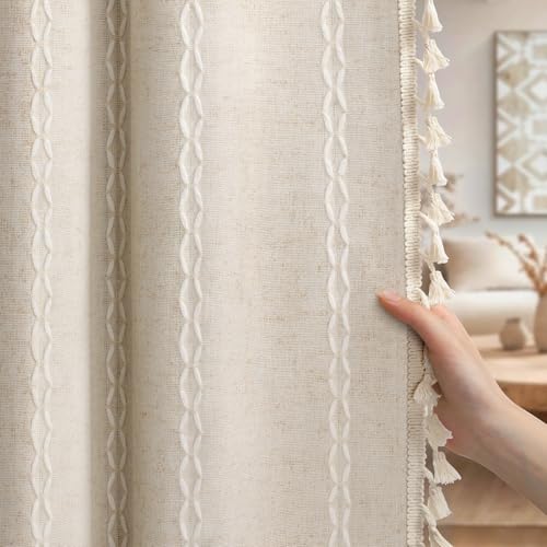 Cream 100% Boho Blackout Curtains 84 Inch 2 Panels with Tassels (Creamy White / 52"W x 84"L (Pack of 2))