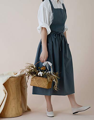 Women Cotton Linen Cross Back Apron for Gardening Works Pinafore Dress with Pockets Navy (Navy)