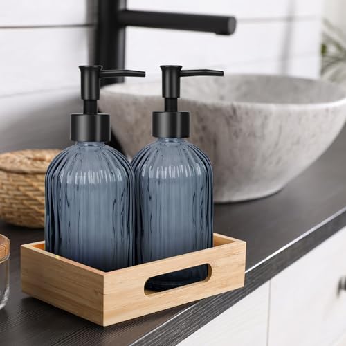 Glass Soap Dispenser with Plastic Pump (Striped Blue Grey)