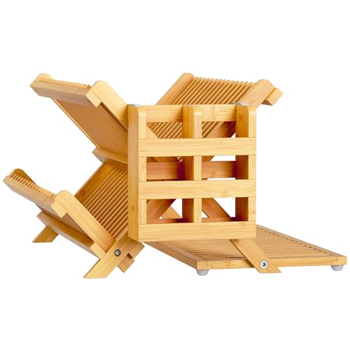 Bamboo Dish Drying Rack with Utensil Holder (Natural / 3-Tier+Dish Drying Mat)