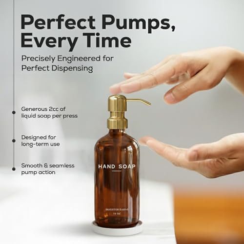 Luxury Glass Hand Soap Dispenser Bathroom Set by Brighter Barns (Amber Gold H)