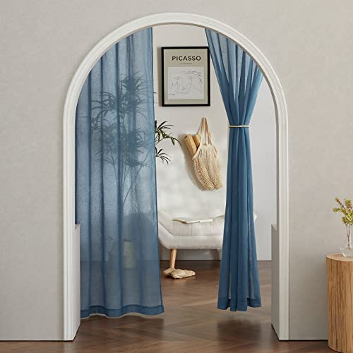 Flax Linen Sheer Curtains for Living Room (52"W x 84"L (Pack of 2) / Stone Blue)