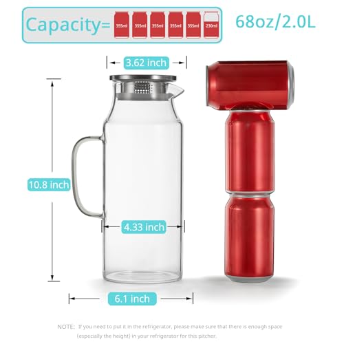 2 Pack 2 Liter 68 oz 2.1 Qt Glass Pitcher with Lid and Handle (Clear / 68 Ounces (2 Pack))