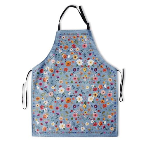 Flower Apron with 2 Pockets Blue Adjustable Neck Strap Chef Apron for Women Cooking Garden Painting (33" x 28"(Pack of 1) / Watercolor Flowers Blue)