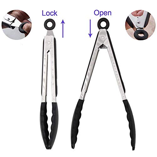 3 Pack Silicone Kitchen Tongs (Black)