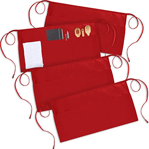Server Waist Aprons 4 Pack Short 3 Pockets Men Women Red (24x12 Inches (Pack of 4) / Red)